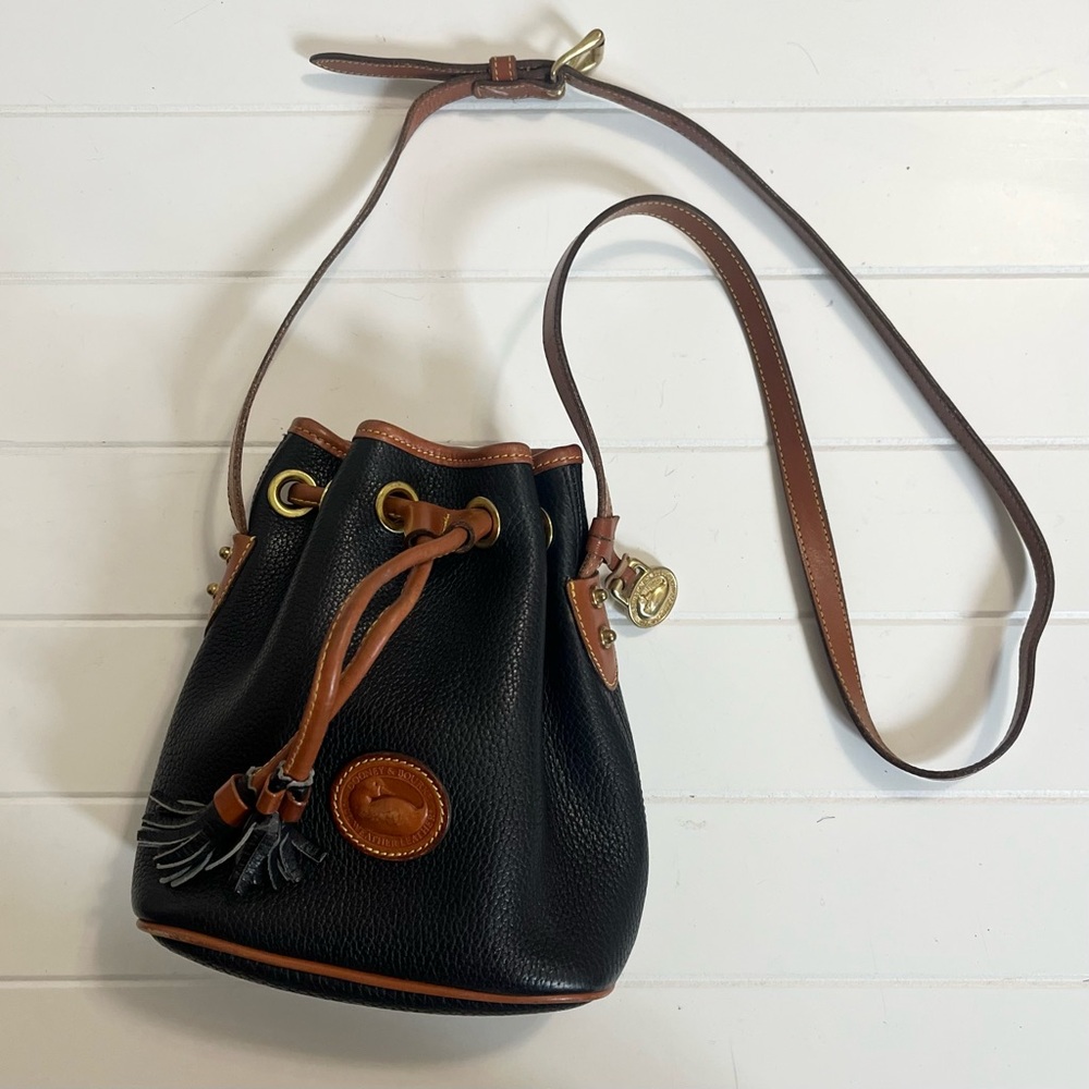 Dooney & Bourke Vintage USA Made Drawstring Black Cognac Bucket Bag Tassel Strap